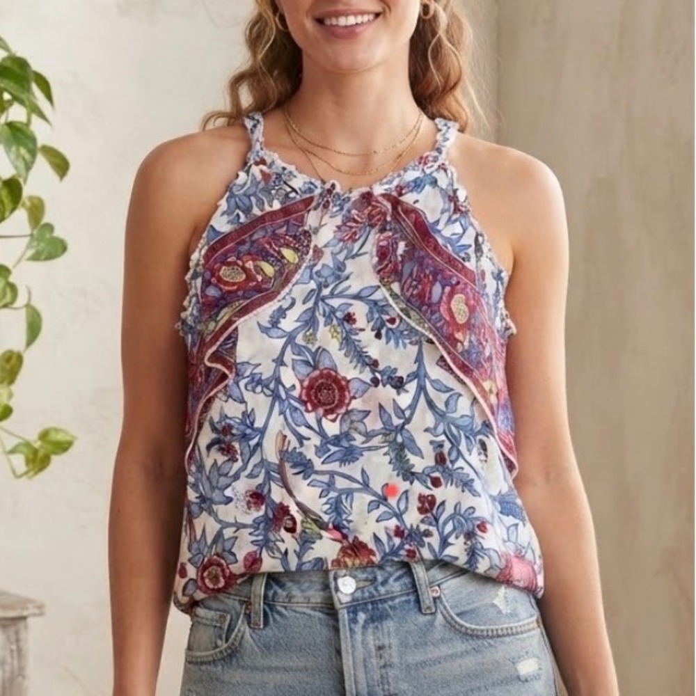 Point Sur J Crew Floral Block Print Ruffle Halter Top Blue Red Cotton Size 4
